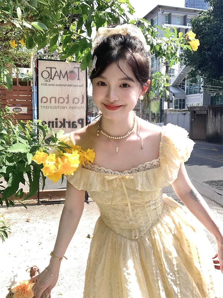 높은 품질 예술 건강 우유 씽 하는 소리 미니 스커트 순수한 욕망 바람 레이스 황색 광장 칼라 거품 소매 퍼프 드레스 상세 이미지 4