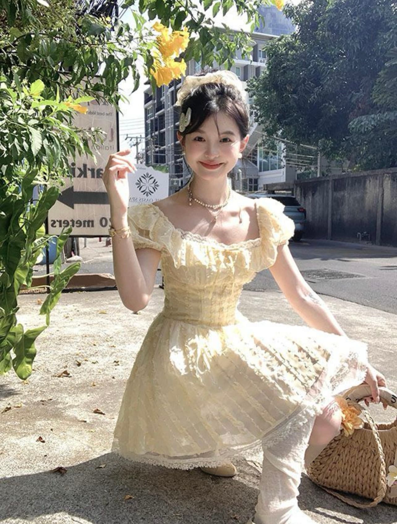 높은 품질 예술 건강 우유 씽 하는 소리 미니 스커트 순수한 욕망 바람 레이스 황색 광장 칼라 거품 소매 퍼프 드레스 상세 이미지 6