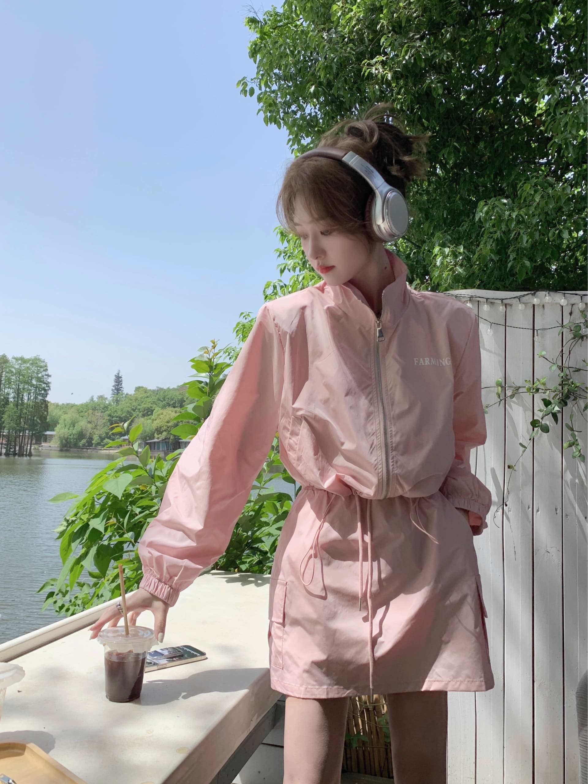 패션 연령 감소 스포츠 슈트 여성 여름 얇고 가벼운 스탠드 칼라 자외선 차단 재킷 하이웨이스트 반신 바지 캐주얼 투피스 세트