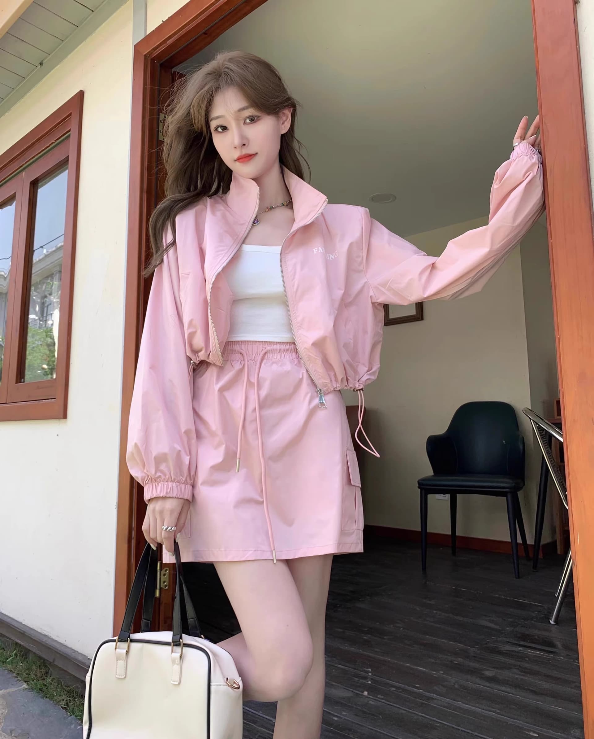 패션 연령 감소 스포츠 슈트 여성 여름 얇고 가벼운 스탠드 칼라 자외선 차단 재킷 하이웨이스트 반신 바지 캐주얼 투피스 세트 상세 이미지 20