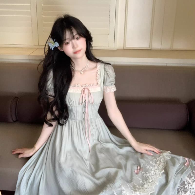 품격 광장 칼라 주름 계층의 감각 부드러운 바람 슬림해 보이는 드레스 공주 롱 스커트 신선함 우아한 부드러운 관대 한 치마 이미지 6