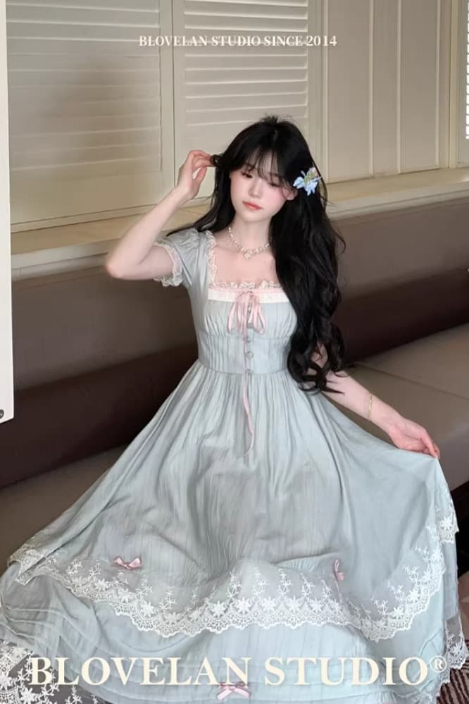 품격 광장 칼라 주름 계층의 감각 부드러운 바람 슬림해 보이는 드레스 공주 롱 스커트 신선함 우아한 부드러운 관대 한 치마 이미지 7