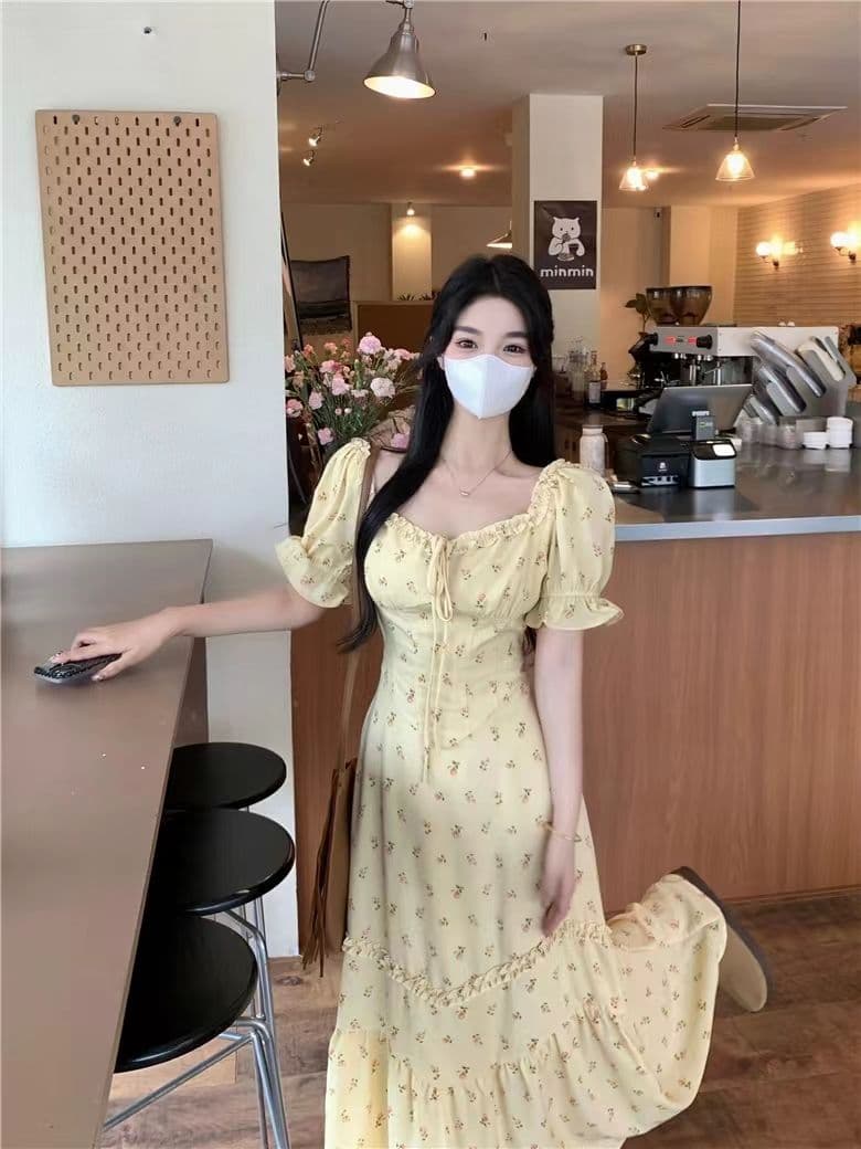 빅 사이즈 여성 의류 달콤함 꽃무늬 여성 드레스 여름 프랑스식 품격 허리 수축 연령 감소 치마 슬림해 보이는 표지 고기 마이크로 지방 상세 이미지 7