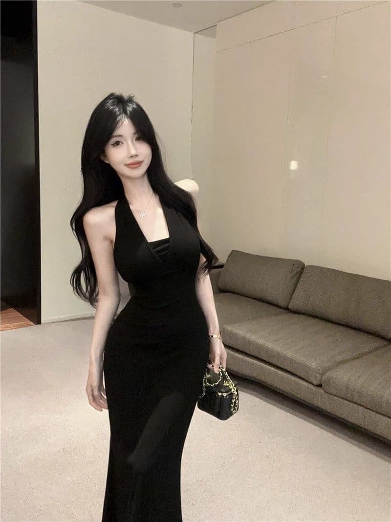 여름 새로운 핫걸 드레스 체인 고급 스트랩 인어 꼬리 스커트 백리스 몸매 가꾸기 슬립 중간 길이 스커트 상세 이미지 1