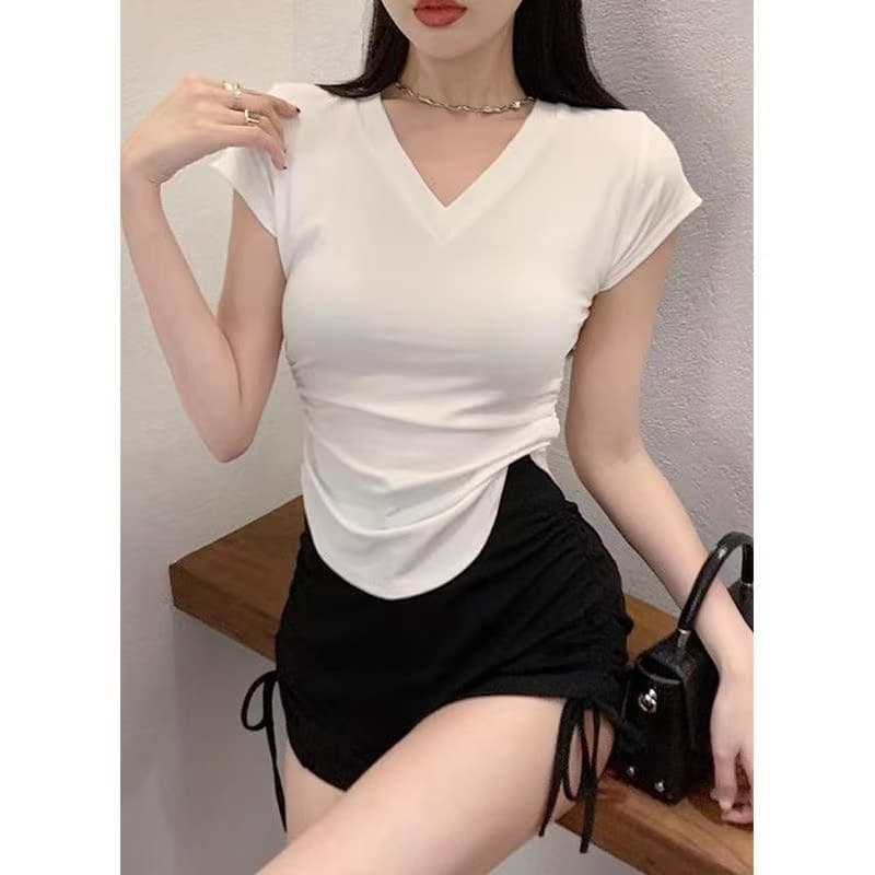 40 순면 210 그램 반팔 티셔츠 여성 V넥 외국 가스 타이트 디자인 센스 작은 대중 타이트 쇼트 스타일 핫걸 로드 중 상세 이미지 9