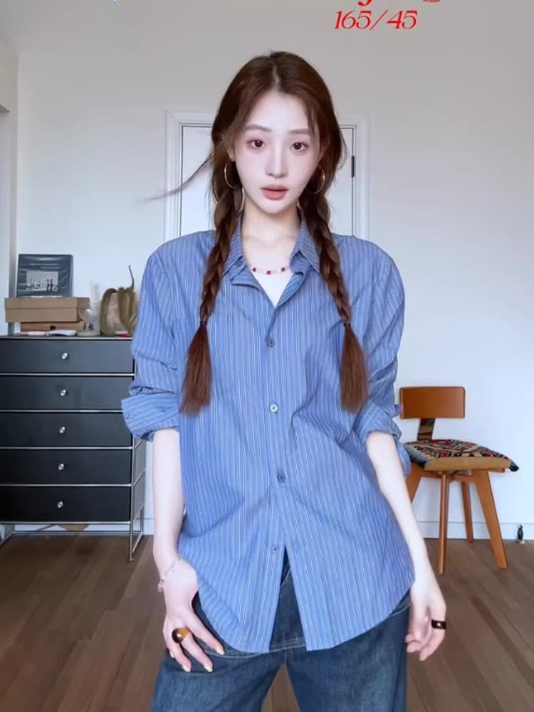 원본 워싱 면 100% 레트로 블루 스트라이프 긴팔 여성 셔츠 봄 여름 얇은 스타일 새로운 오픈 가디건 셔츠 맨위 이미지 3