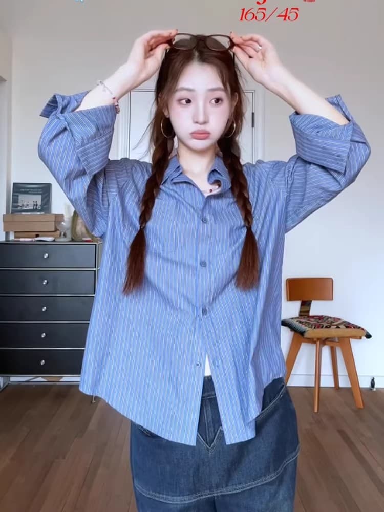 원본 워싱 면 100% 레트로 블루 스트라이프 긴팔 여성 셔츠 봄 여름 얇은 스타일 새로운 오픈 가디건 셔츠 맨위 이미지 4