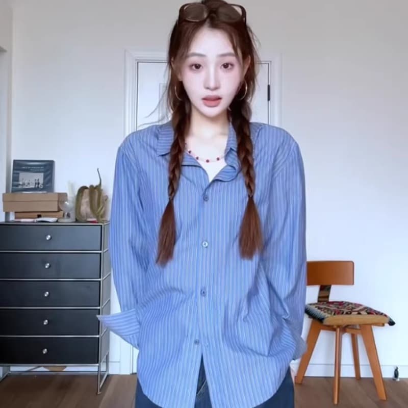 원본 워싱 면 100% 레트로 블루 스트라이프 긴팔 여성 셔츠 봄 여름 얇은 스타일 새로운 오픈 가디건 셔츠 맨위 이미지 6