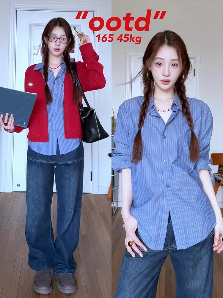 원본 워싱 면 100% 레트로 블루 스트라이프 긴팔 여성 셔츠 봄 여름 얇은 스타일 새로운 오픈 가디건 셔츠 맨위 상세 이미지 2