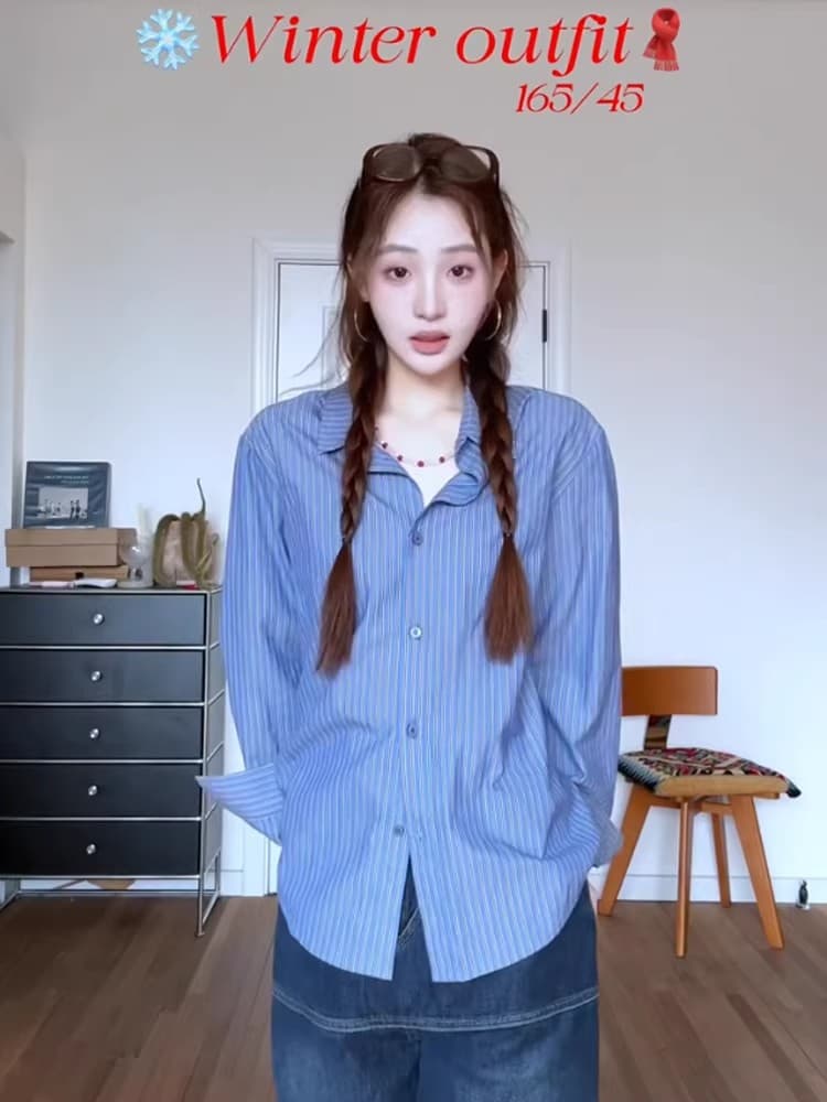 원본 워싱 면 100% 레트로 블루 스트라이프 긴팔 여성 셔츠 봄 여름 얇은 스타일 새로운 오픈 가디건 셔츠 맨위 상세 이미지 3