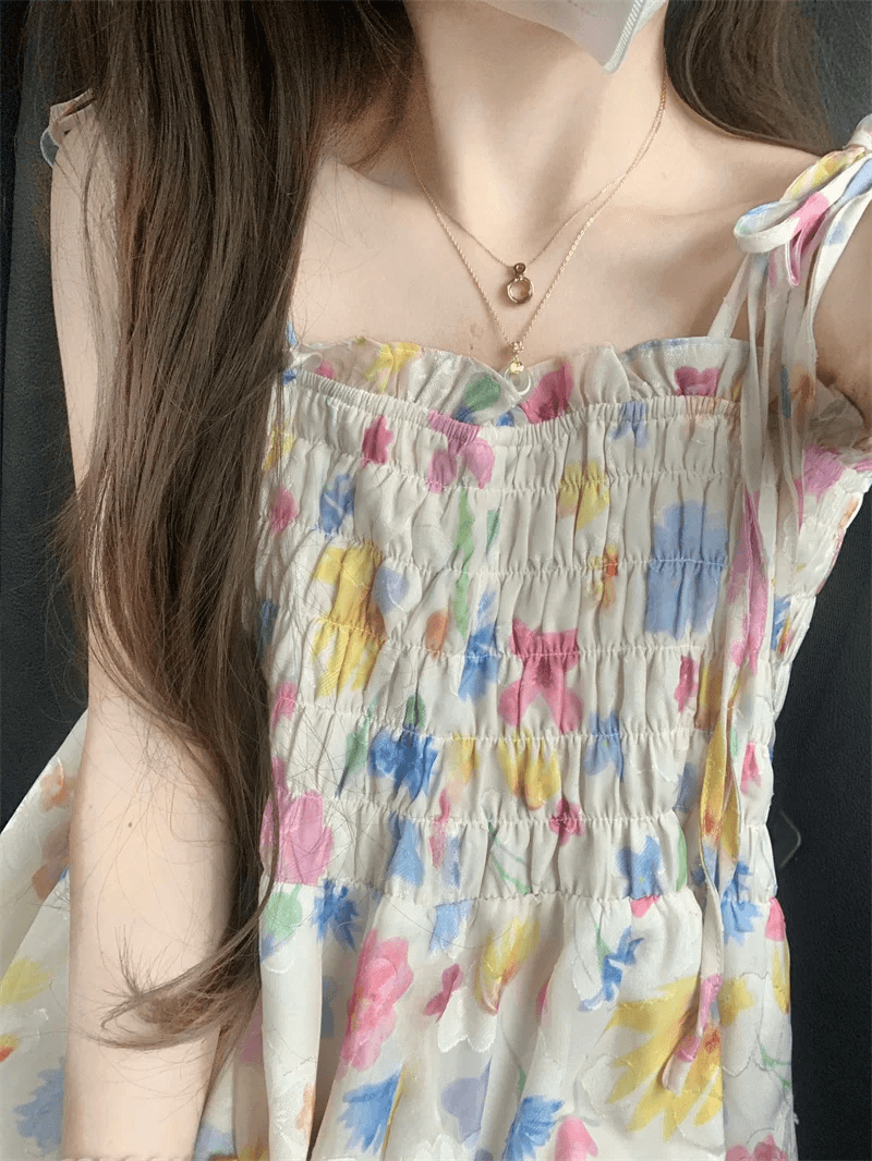 달콤함 레트로 부드러운 꽃무늬 슬립 드레스 여름 품격 허리 수축 귀여운 소녀 해변가 휴가 작은 청신 상세 이미지 4