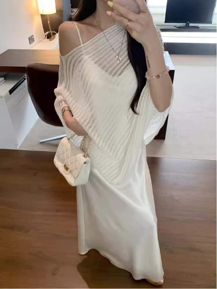 프랑스식 품격 불규칙 비스듬한 어깨 니트 블라우스 여성 여름 새틴 화이트 상세 이미지 2
