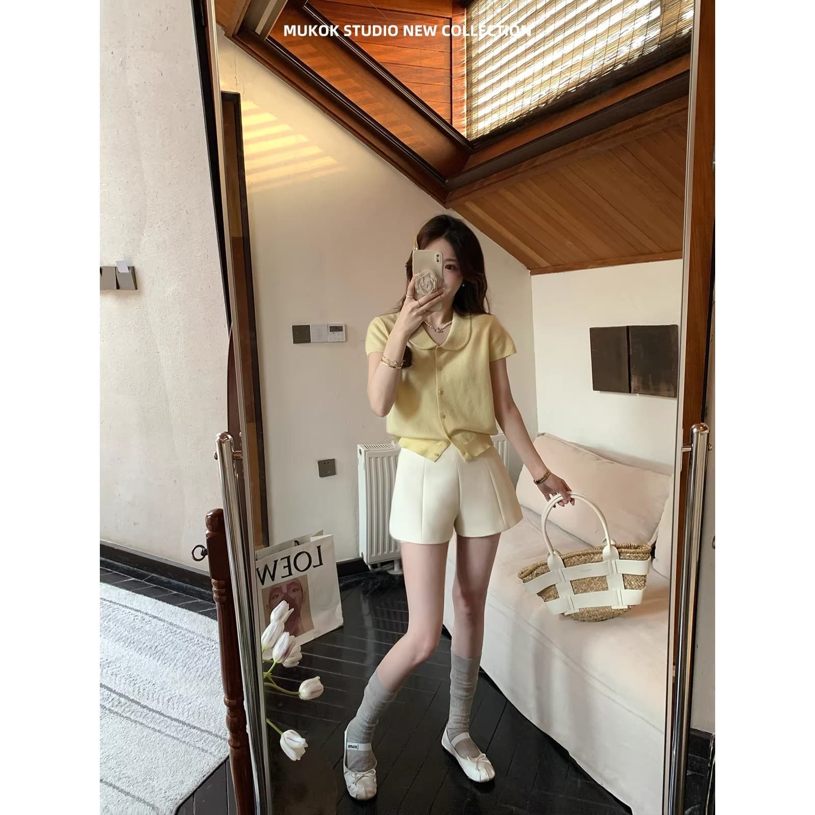 황색 베이비 칼라 얇은 스타일 반팔 니트 오픈 가디건 여성 봄 여름 새로운 양모 티셔츠 이미지 3