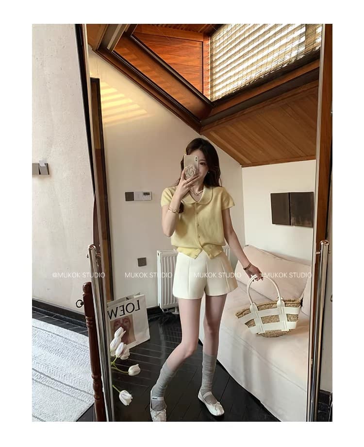 황색 베이비 칼라 얇은 스타일 반팔 니트 오픈 가디건 여성 봄 여름 새로운 양모 티셔츠 상세 이미지 6