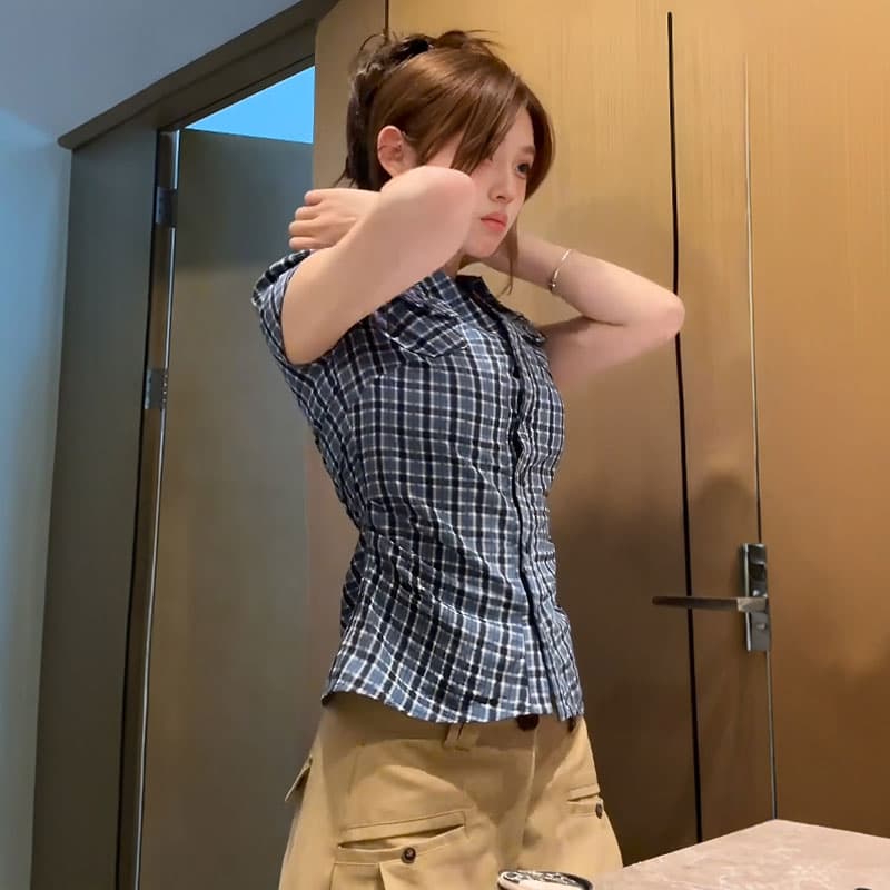원본 원단 아메리칸 레트로 배색 체크무늬 반팔 셔츠 여름 몸매 가꾸기 슬림해 보이는 다용도 맨위 이미지 4