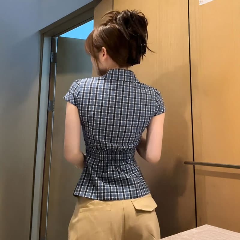 원본 원단 아메리칸 레트로 배색 체크무늬 반팔 셔츠 여름 몸매 가꾸기 슬림해 보이는 다용도 맨위 이미지 3