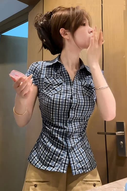 원본 원단 아메리칸 레트로 배색 체크무늬 반팔 셔츠 여름 몸매 가꾸기 슬림해 보이는 다용도 맨위 이미지 7