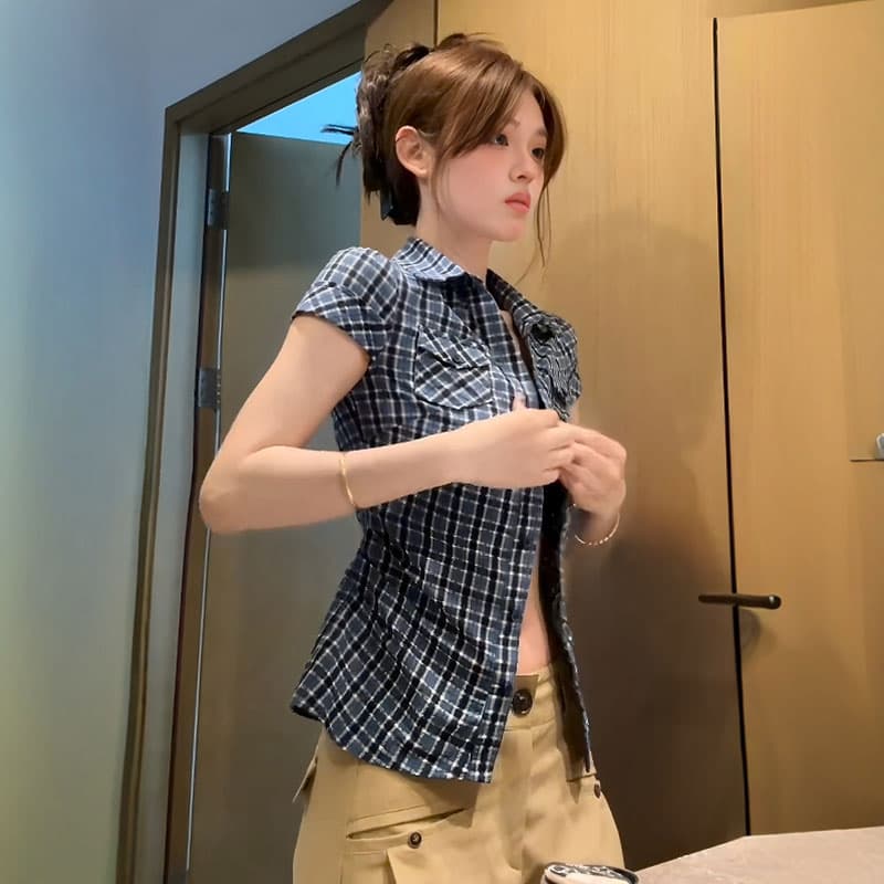 원본 원단 아메리칸 레트로 배색 체크무늬 반팔 셔츠 여름 몸매 가꾸기 슬림해 보이는 다용도 맨위 상세 이미지 3
