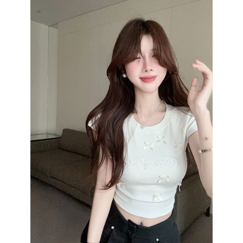 원본 주간 고양이 품질 나비 매듭 반팔 긍정적 인 어깨 티셔츠 순수한 욕망 달콤한 자매 바람 품격 쇼트 스타일 맨위 이미지 5