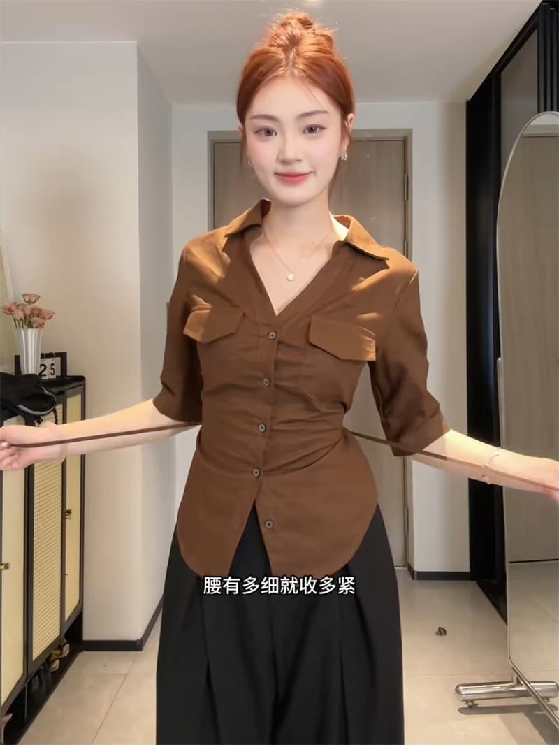 원본 품질 디자인 센스 POLO 칼라 중간 소매 여성 셔츠 봄 여름 뒤로 스트랩 허리 수축 슬림해 보이는 맨위 이미지 2