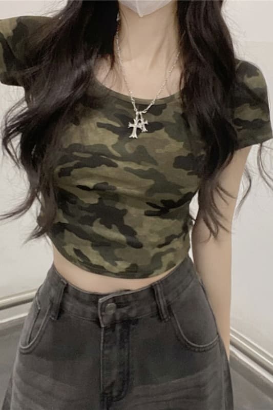 여름 새로운 아메리칸 작은 대중 뒤로 홀로우 아웃 디자인 센스 핫걸 반팔 티셔츠 여성 긍정적 인 어깨 라운드 넥 맨위 이미지 7