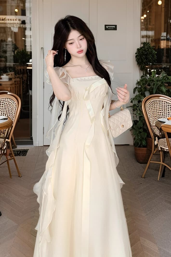 프랑스식 광장 칼라 달콤함 나비 매듭 리본 품격 우아함 슬림해 보이는 드레스 공단 빛 접기 에어포일 여름 롱 스커트 이미지 6