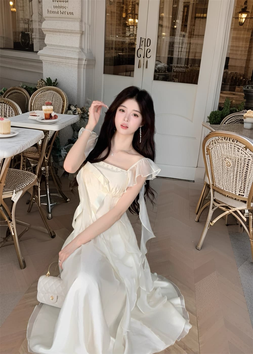 프랑스식 광장 칼라 달콤함 나비 매듭 리본 품격 우아함 슬림해 보이는 드레스 공단 빛 접기 에어포일 여름 롱 스커트 상세 이미지 11