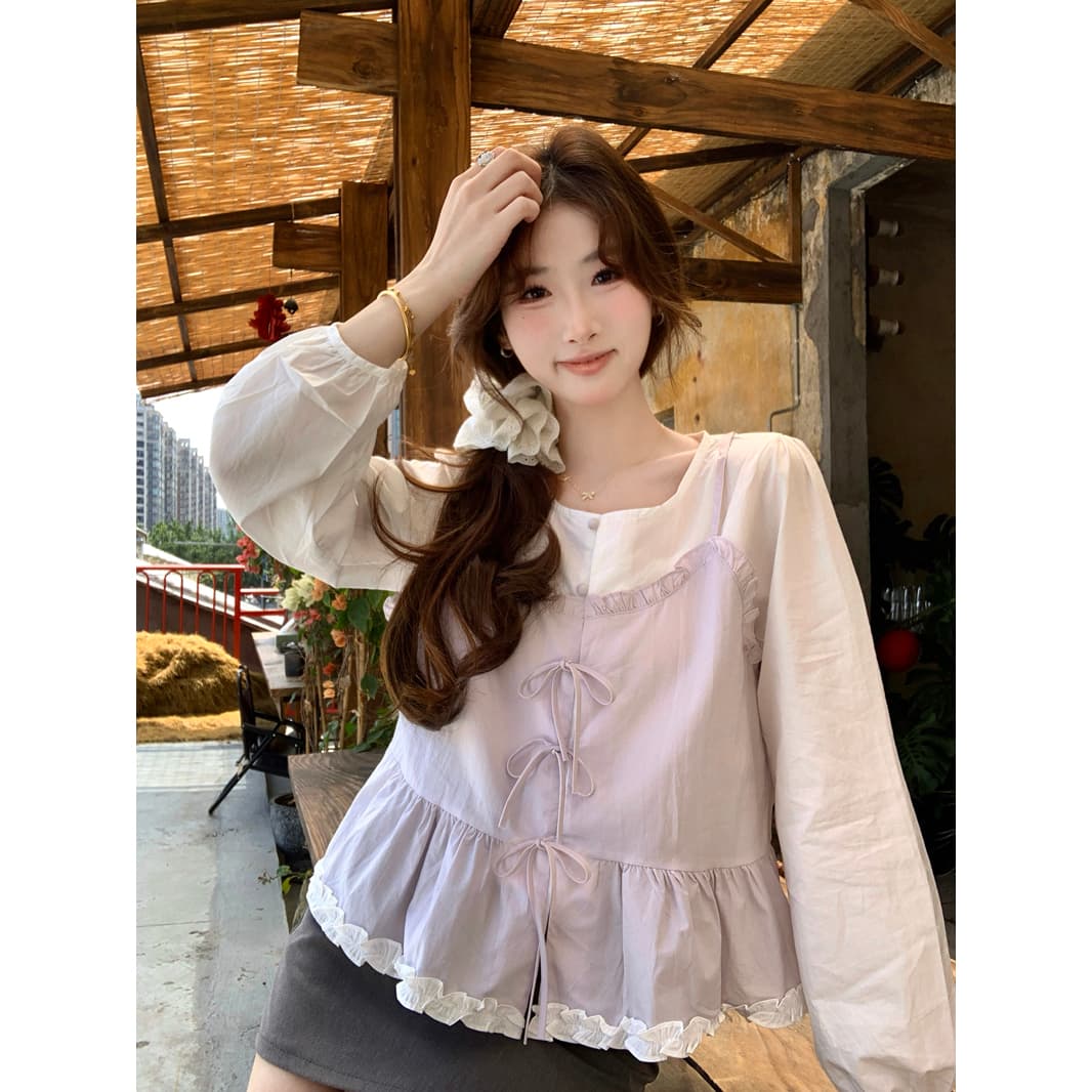 한 부서 달콤함 패치워크 페이크 레이어드 여성 셔츠 2026 봄 여름 새로운 Chic 디자인 센스 나비 매듭 연령 감소 맨위