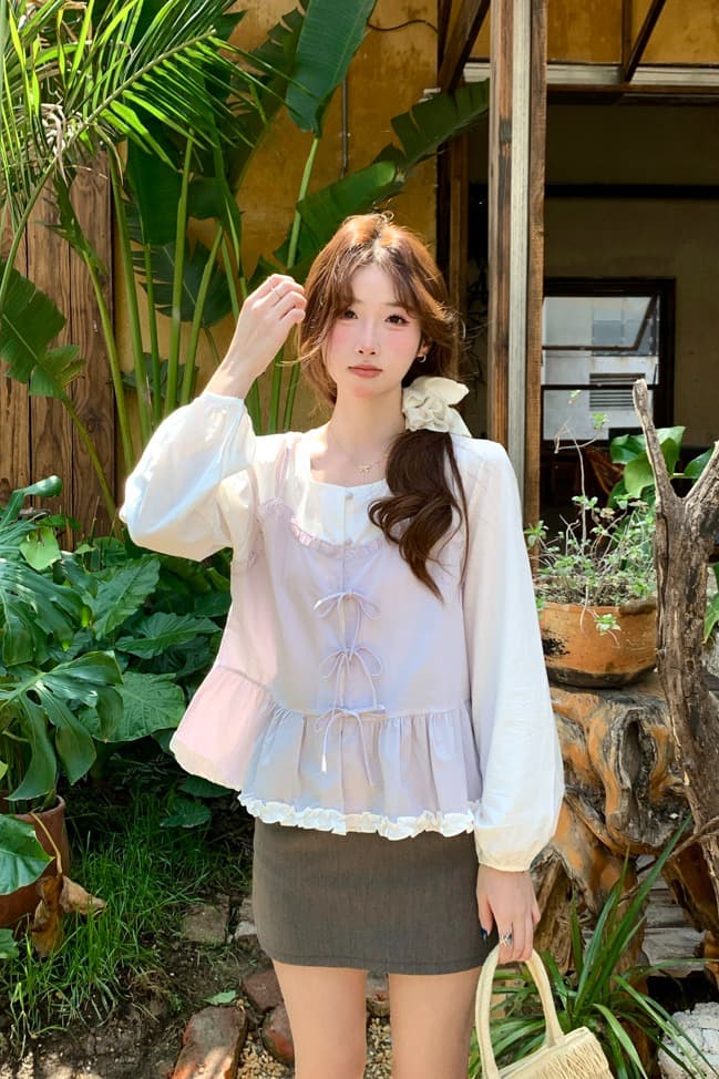 한 부서 달콤함 패치워크 페이크 레이어드 여성 셔츠 2026 봄 여름 새로운 Chic 디자인 센스 나비 매듭 연령 감소 맨위 이미지 4