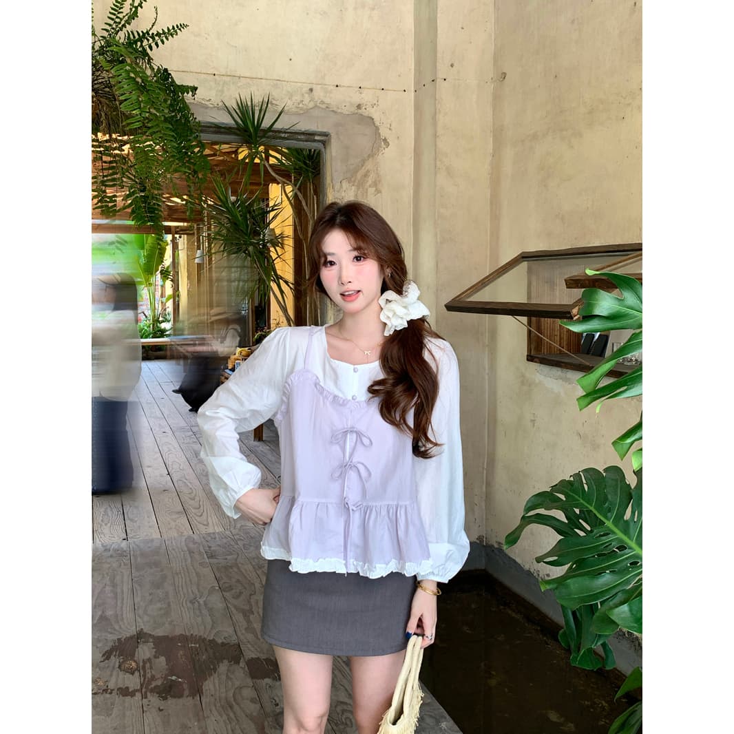 한 부서 달콤함 패치워크 페이크 레이어드 여성 셔츠 2026 봄 여름 새로운 Chic 디자인 센스 나비 매듭 연령 감소 맨위 이미지 2