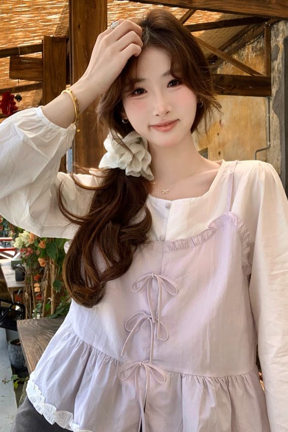 한 부서 달콤함 패치워크 페이크 레이어드 여성 셔츠 2026 봄 여름 새로운 Chic 디자인 센스 나비 매듭 연령 감소 맨위 이미지 6