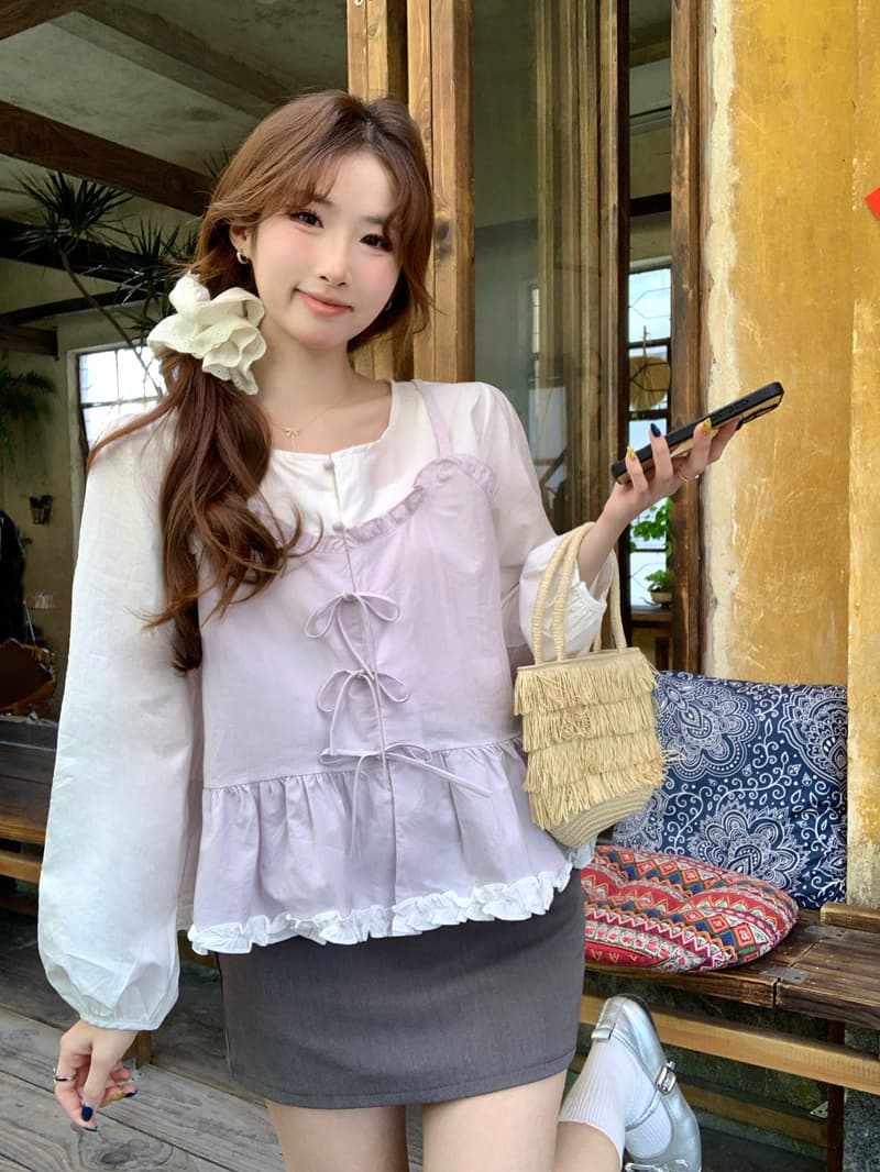 한 부서 달콤함 패치워크 페이크 레이어드 여성 셔츠 2026 봄 여름 새로운 Chic 디자인 센스 나비 매듭 연령 감소 맨위 상세 이미지 1