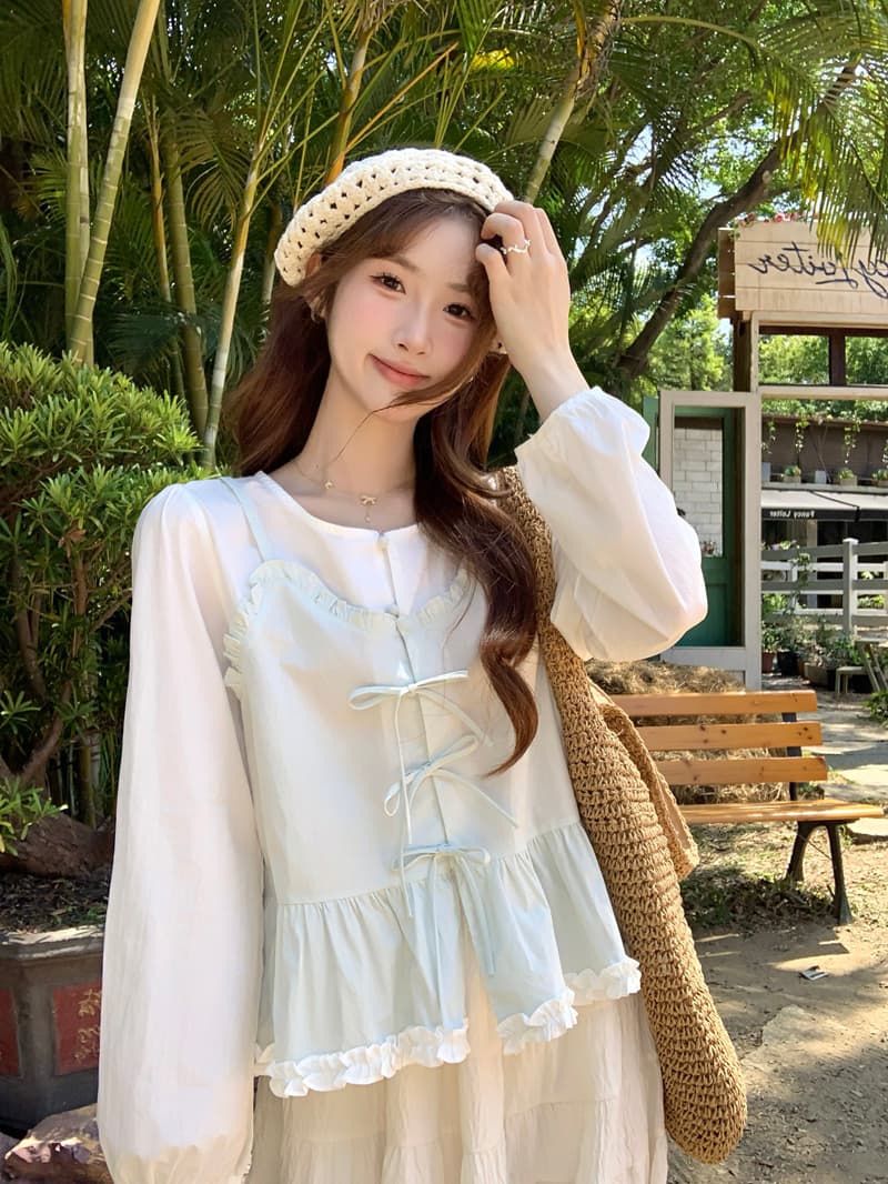 한 부서 달콤함 패치워크 페이크 레이어드 여성 셔츠 2026 봄 여름 새로운 Chic 디자인 센스 나비 매듭 연령 감소 맨위 상세 이미지 6