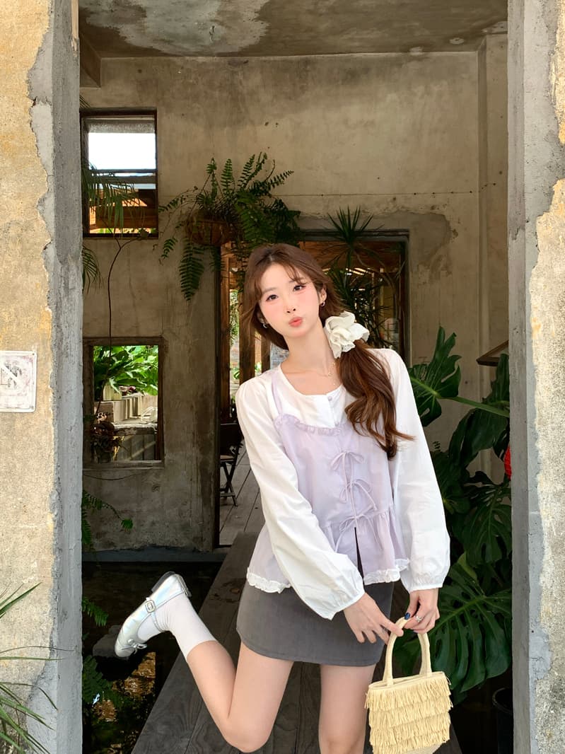 한 부서 달콤함 패치워크 페이크 레이어드 여성 셔츠 2026 봄 여름 새로운 Chic 디자인 센스 나비 매듭 연령 감소 맨위 상세 이미지 9