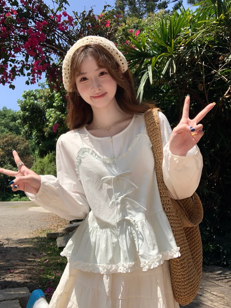 한 부서 달콤함 패치워크 페이크 레이어드 여성 셔츠 2026 봄 여름 새로운 Chic 디자인 센스 나비 매듭 연령 감소 맨위 상세 이미지 13