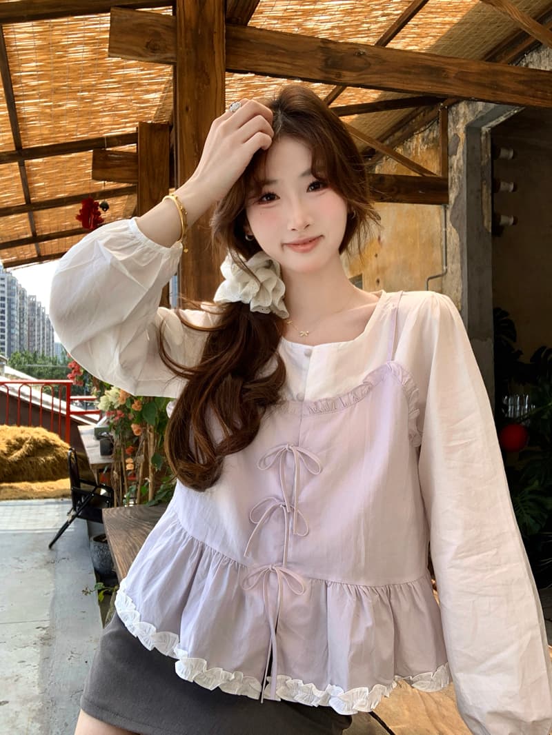 한 부서 달콤함 패치워크 페이크 레이어드 여성 셔츠 2026 봄 여름 새로운 Chic 디자인 센스 나비 매듭 연령 감소 맨위 상세 이미지 21