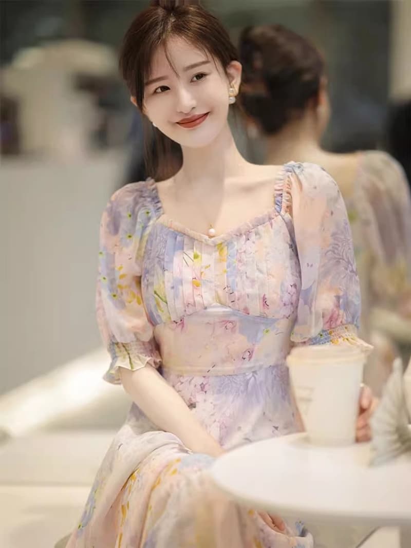 차 휴식 프랑스식 Chic 아름다운 부드러운 고급 센스 명문 여성 품격 작은 샤넬 스타일 보라색 꽃무늬 여성 드레스 롱 스커트 이미지 4