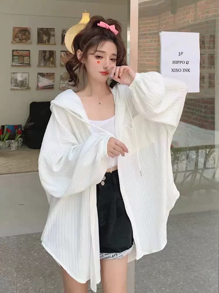 후드 얇은 스타일 셔츠 여성 코트 여름 다용도 루즈핏 슬림해 보이는 중간 길이 오픈 가디건 긴팔 자외선 차단 맨위