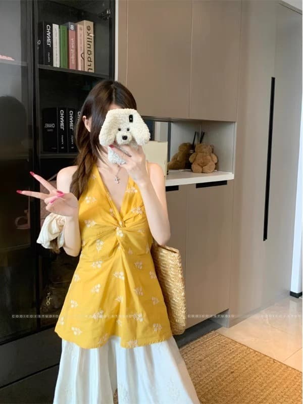 한 스타일 보라색 비틀림 캐미솔 여름 새로운 꽃무늬 달콤한 핫걸 품격 다용도 연령 감소 행침 목 맨위 이미지 4