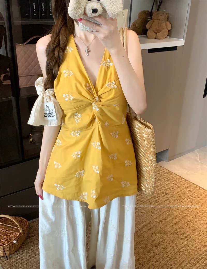 한 스타일 보라색 비틀림 캐미솔 여름 새로운 꽃무늬 달콤한 핫걸 품격 다용도 연령 감소 행침 목 맨위 상세 이미지 13