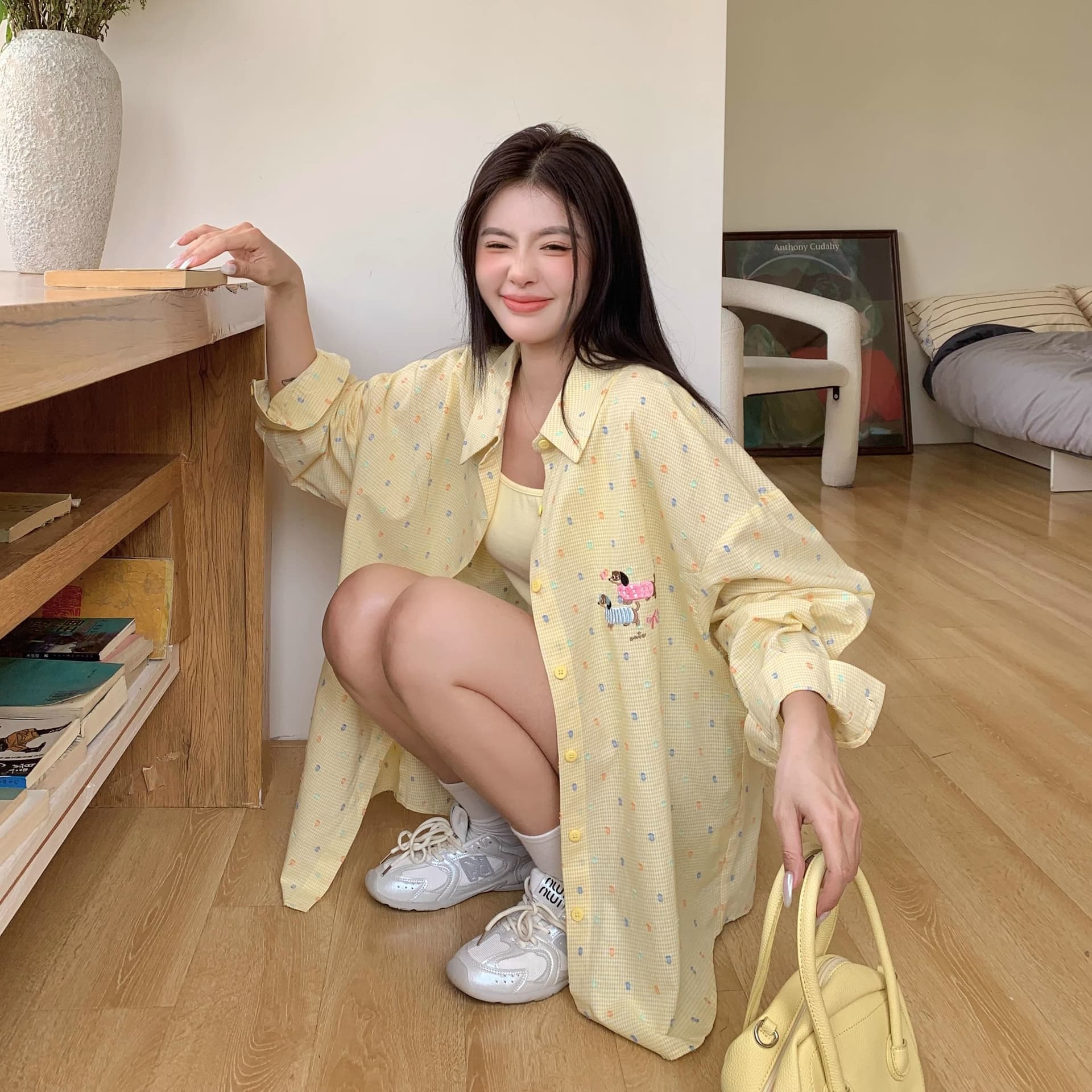 황색 얇은 스타일 자외선 차단 폴로 칼라 긴팔 여성 셔츠 봄 지방 mm 디자인 센스 루즈핏 슬림해 보이는 셔츠 이미지 4