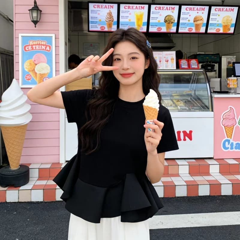 한국 스타일 여름 새로운 불규칙 프릴 패치워크 밑단 짧은 t 여성 허리 수축 맨위 이미지 2