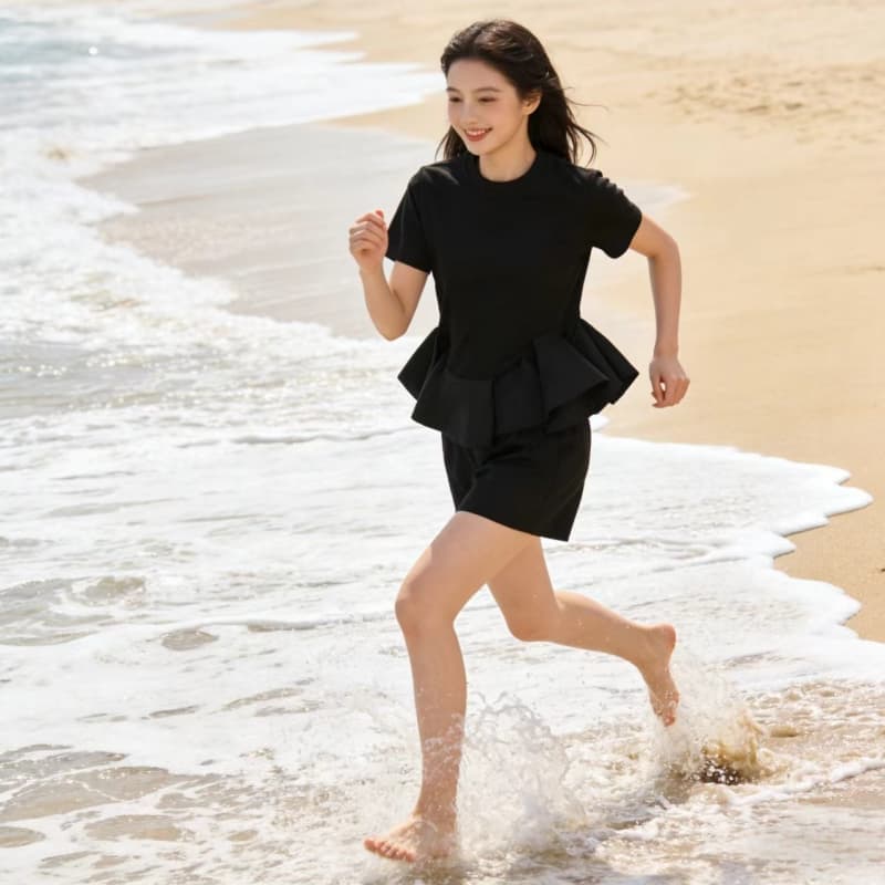 한국 스타일 여름 새로운 불규칙 프릴 패치워크 밑단 짧은 t 여성 허리 수축 맨위 상세 이미지 3