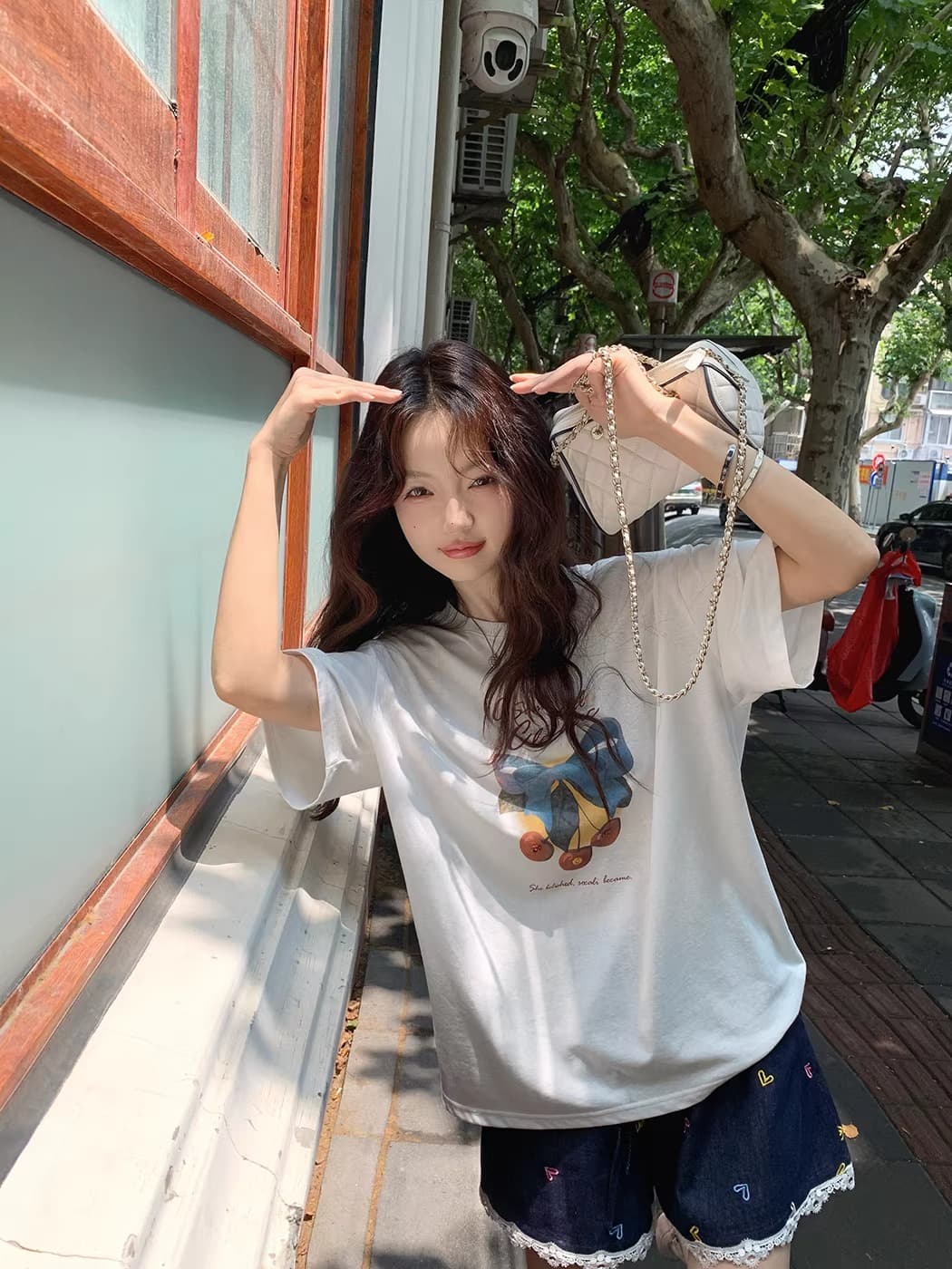 21 순면 210 그램 2026 년 봄 여름 드레스 반팔 티셔츠 여성 한국 스타일 프린트 이미지 3