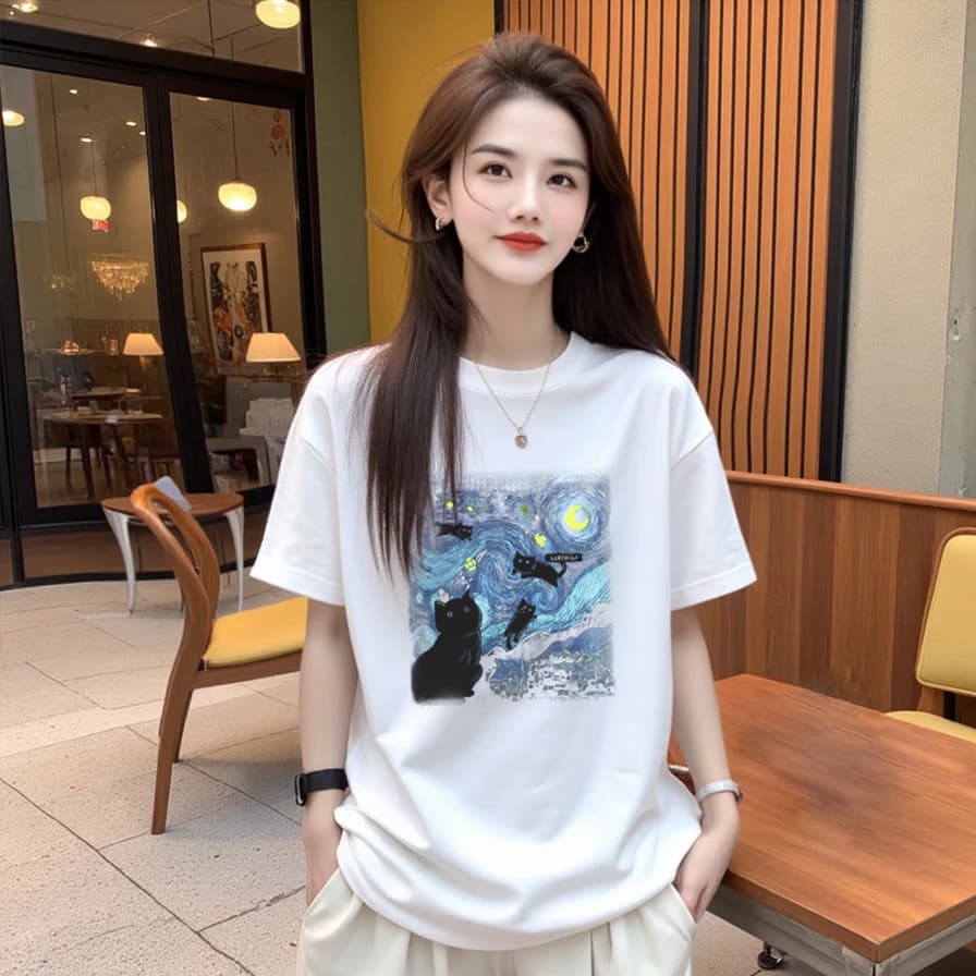 21 순면 210 그램 2026 년 봄 여름 드레스 반팔 티셔츠 여성 한국 스타일 프린트