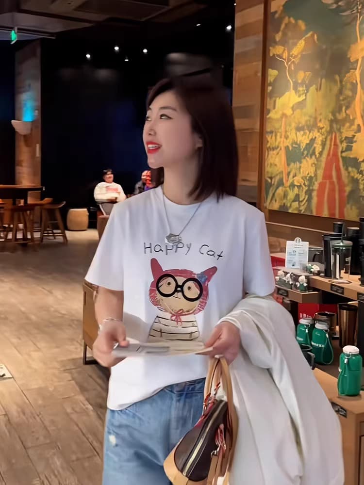 경관 그림 정가 40 순면 220 그램 92 면 8 암모니아 Lun 긍정적 인 어깨 반팔 티셔츠 여성 프린트 이미지 4