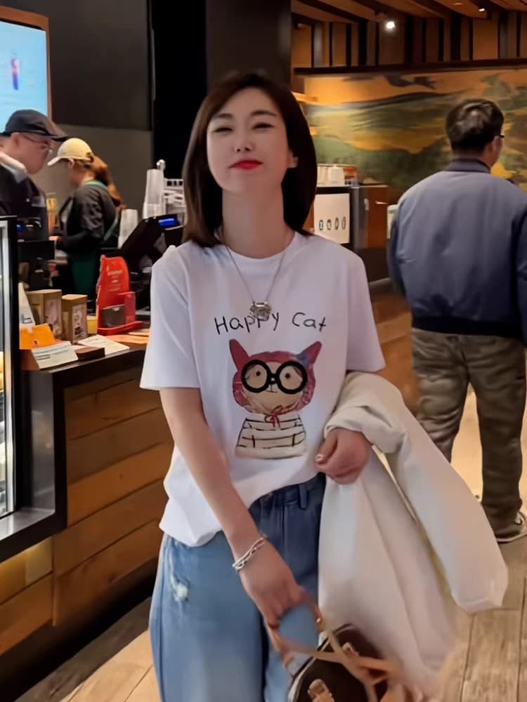 경관 그림 정가 40 순면 220 그램 92 면 8 암모니아 Lun 긍정적 인 어깨 반팔 티셔츠 여성 프린트 상세 이미지 4