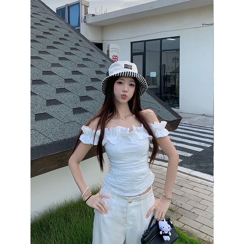 원본 품질 프랑스식 레트로 오프숄더 티셔츠 여성 여름 불규칙 몸매 가꾸기 쇼트 스타일 오프숄더 맨위 체크무늬 이미지 3