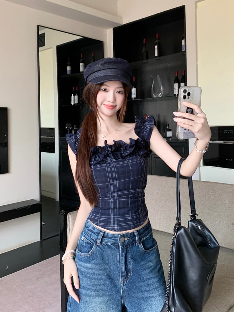 원본 품질 프랑스식 레트로 오프숄더 티셔츠 여성 여름 불규칙 몸매 가꾸기 쇼트 스타일 오프숄더 맨위 체크무늬 상세 이미지 11