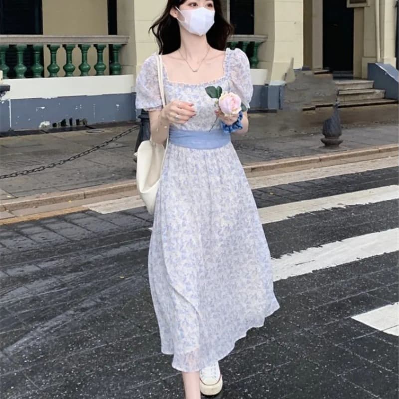 부드러운 바람 꽃무늬 거품 소매 여성 드레스 여름 2026 새로운 허리 수축 슬림해 보이는 레이스업 품격 반팔 치마 이미지 5